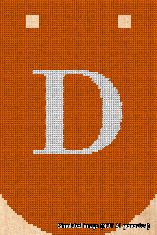 A simulated image of the stitched needlepoint design: Banner 18m Curved D White on Orange. Not A.I. generated.