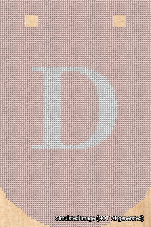 A simulated image of the stitched needlepoint design: Banner 18m Curved D White on Pink. Not A.I. generated.