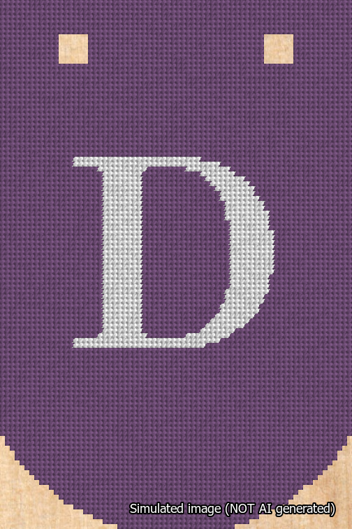A simulated image of the stitched needlepoint design: Banner 18m Curved D White on Purple. Not A.I. generated.