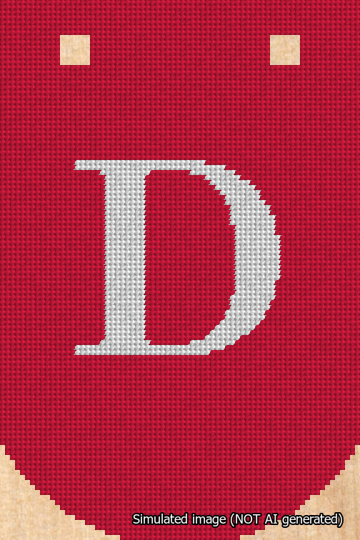 A simulated image of the stitched needlepoint design: Banner 18m Curved D White on Red. Not A.I. generated.