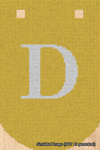 A simulated image of the stitched needlepoint design: Banner 18m Curved D White on Yellow. Not A.I. generated.