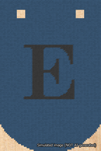 A simulated image of the stitched needlepoint design: Banner 18m Curved E Black on Blue. Not A.I. generated.