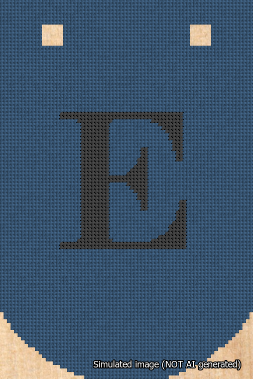 A simulated image of the stitched needlepoint design: Banner 18m Curved E Black on Blue. Not A.I. generated.