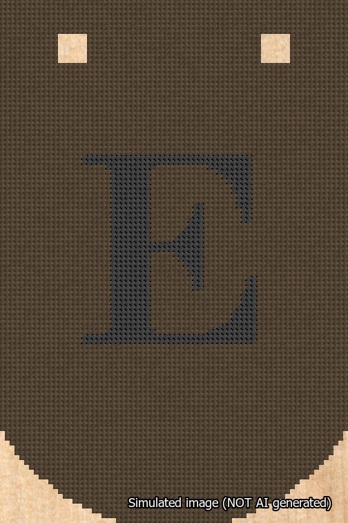 A simulated image of the stitched needlepoint design: Banner 18m Curved E Black on Brown. Not A.I. generated.