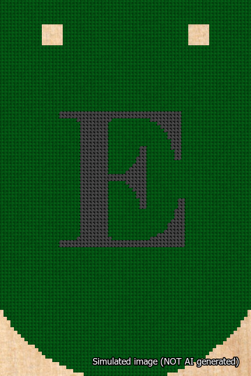A simulated image of the stitched needlepoint design: Banner 18m Curved E Black on Green. Not A.I. generated.