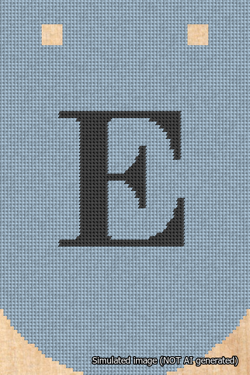 A simulated image of the stitched needlepoint design: Banner 18m Curved E Black on Light Blue. Not A.I. generated.