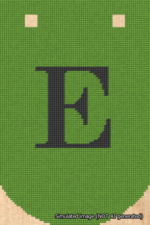 A simulated image of the stitched needlepoint design: Banner 18m Curved E Black on Light Green. Not A.I. generated.
