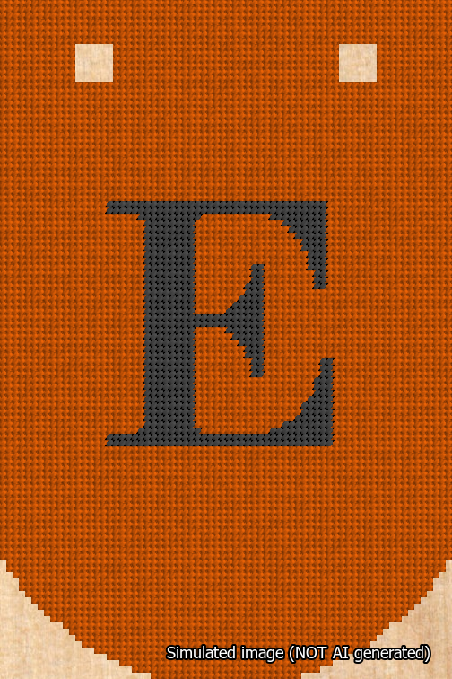 A simulated image of the stitched needlepoint design: Banner 18m Curved E Black on Orange. Not A.I. generated.