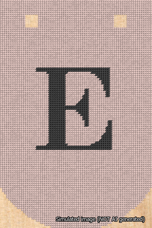A simulated image of the stitched needlepoint design: Banner 18m Curved E Black on Pink. Not A.I. generated.