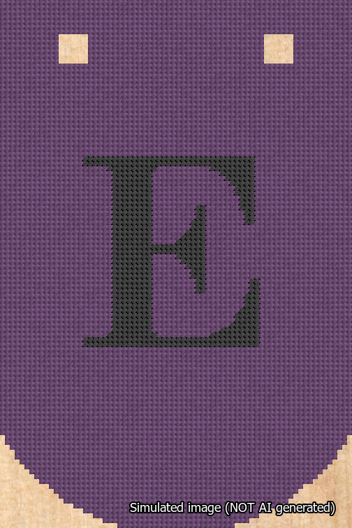 A simulated image of the stitched needlepoint design: Banner 18m Curved E Black on Purple. Not A.I. generated.