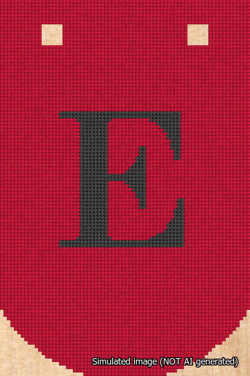 A simulated image of the stitched needlepoint design: Banner 18m Curved E Black on Red. Not A.I. generated.