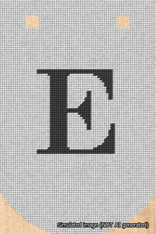 A simulated image of the stitched needlepoint design: Banner 18m Curved E Black on White. Not A.I. generated.