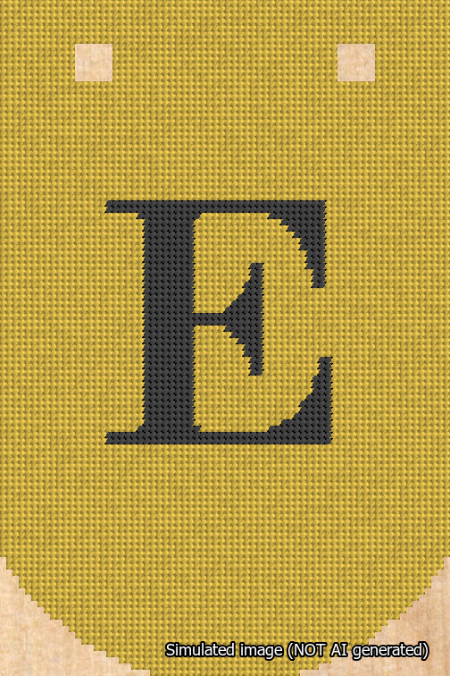A simulated image of the stitched needlepoint design: Banner 18m Curved E Black on Yellow. Not A.I. generated.