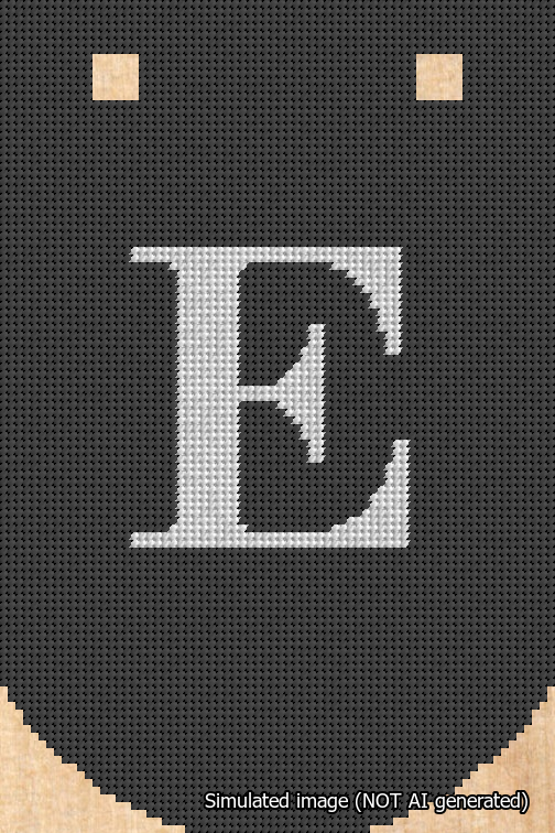A simulated image of the stitched needlepoint design: Banner 18m Curved E White on Black. Not A.I. generated.