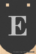 A simulated image of the stitched needlepoint design: Banner 18m Curved E White on Black. Not A.I. generated.