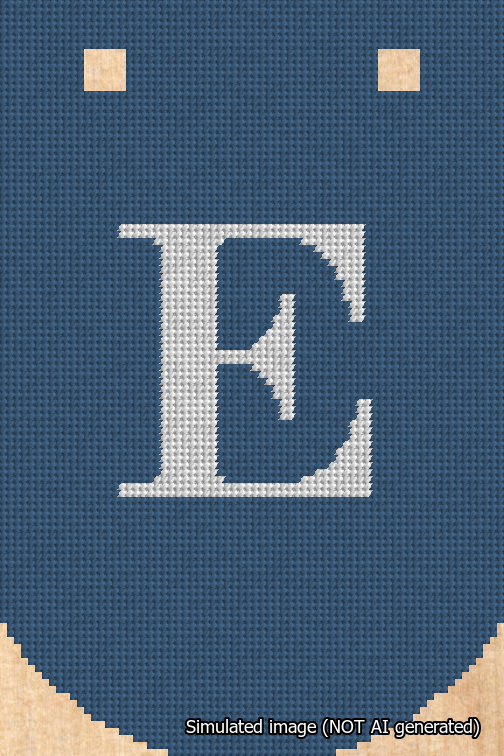 A simulated image of the stitched needlepoint design: Banner 18m Curved E White on Blue. Not A.I. generated.