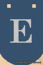 A simulated image of the stitched needlepoint design: Banner 18m Curved E White on Blue. Not A.I. generated.