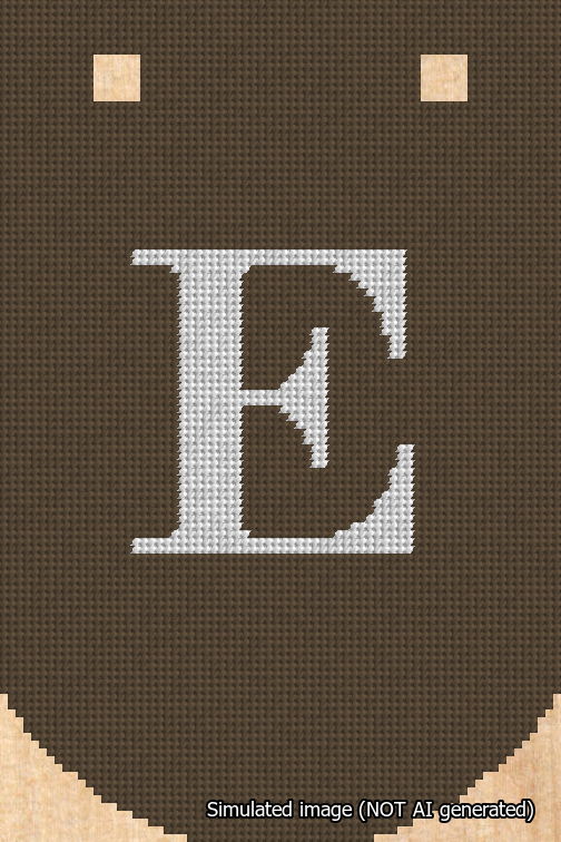 A simulated image of the stitched needlepoint design: Banner 18m Curved E White on Brown. Not A.I. generated.