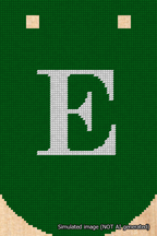 A simulated image of the stitched needlepoint design: Banner 18m Curved E White on Green. Not A.I. generated.
