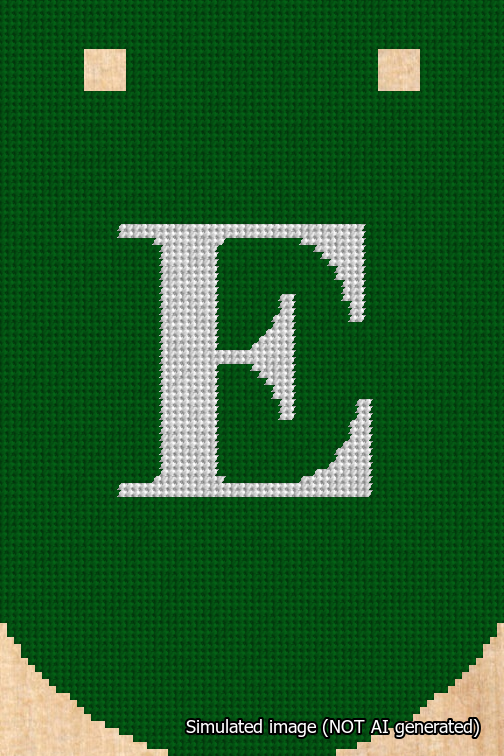 A simulated image of the stitched needlepoint design: Banner 18m Curved E White on Green. Not A.I. generated.