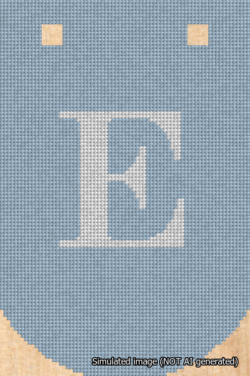 A simulated image of the stitched needlepoint design: Banner 18m Curved E White on Light Blue. Not A.I. generated.