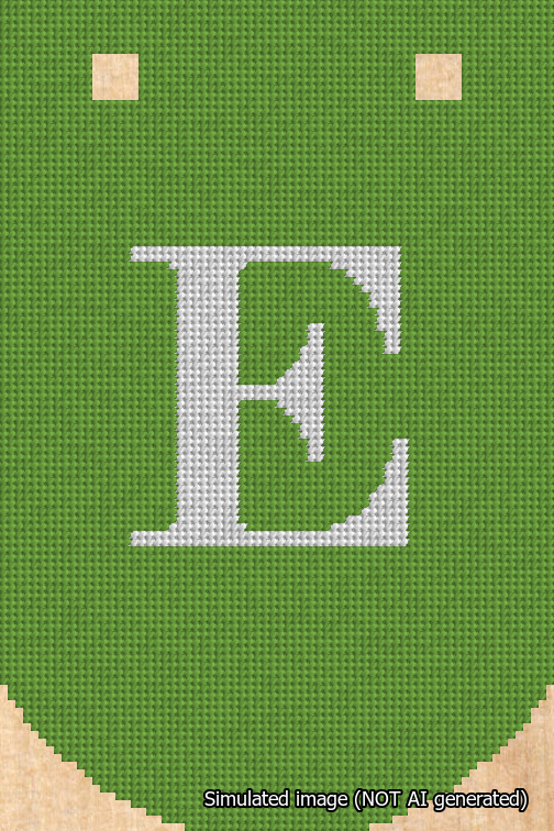A simulated image of the stitched needlepoint design: Banner 18m Curved E White on Light Green. Not A.I. generated.