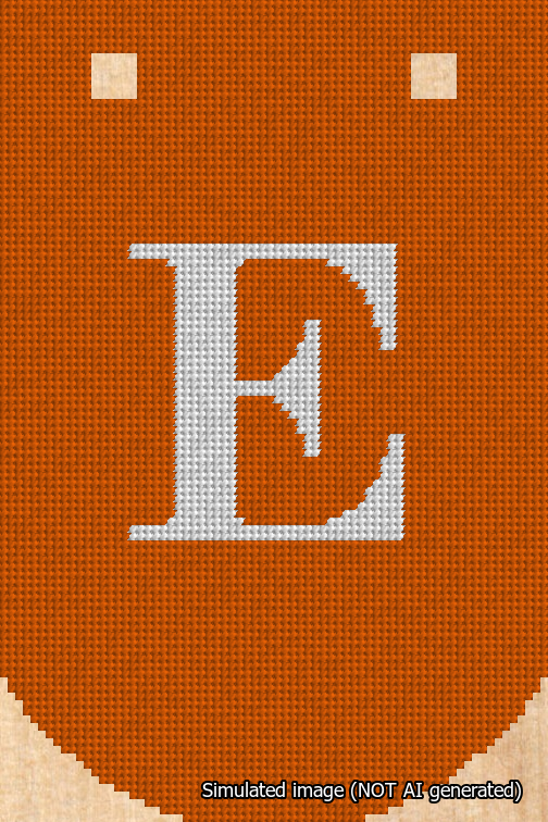A simulated image of the stitched needlepoint design: Banner 18m Curved E White on Orange. Not A.I. generated.