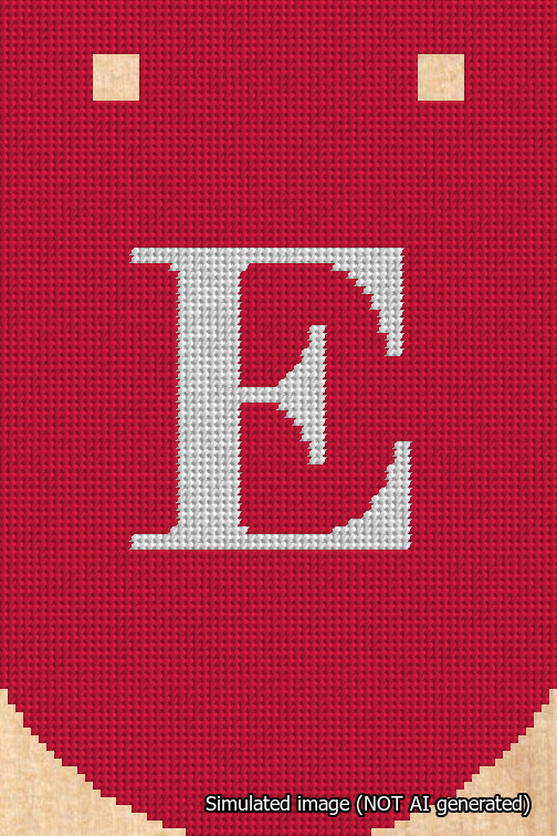 A simulated image of the stitched needlepoint design: Banner 18m Curved E White on Red. Not A.I. generated.