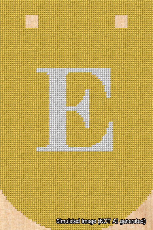 A simulated image of the stitched needlepoint design: Banner 18m Curved E White on Yellow. Not A.I. generated.
