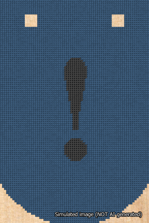 A simulated image of the stitched needlepoint design: Banner 18m Curved Exclamation Black on Blue. Not A.I. generated.