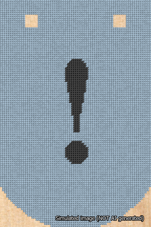 A simulated image of the stitched needlepoint design: Banner 18m Curved Exclamation Black on Light Blue. Not A.I. generated.