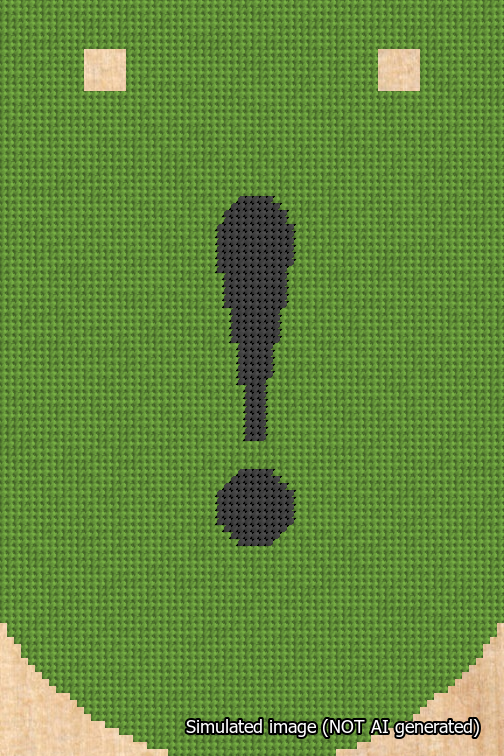 A simulated image of the stitched needlepoint design: Banner 18m Curved Exclamation Black on Light Green. Not A.I. generated.