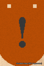 A simulated image of the stitched needlepoint design: Banner 18m Curved Exclamation Black on Orange. Not A.I. generated.