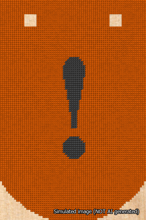 A simulated image of the stitched needlepoint design: Banner 18m Curved Exclamation Black on Orange. Not A.I. generated.