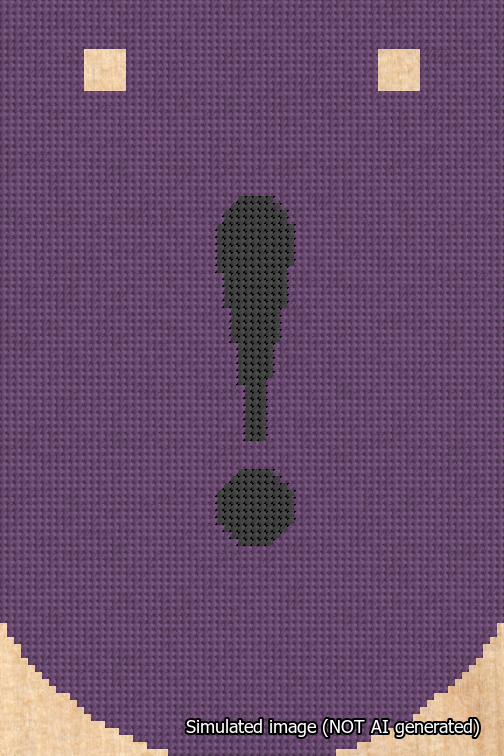 A simulated image of the stitched needlepoint design: Banner 18m Curved Exclamation Black on Purple. Not A.I. generated.