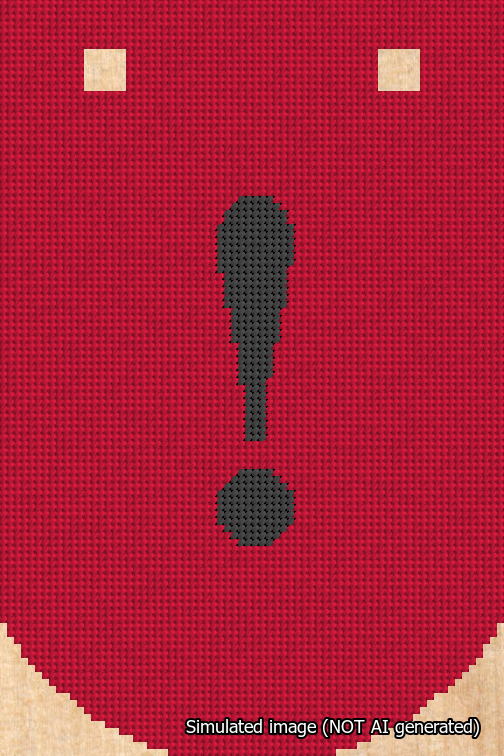 A simulated image of the stitched needlepoint design: Banner 18m Curved Exclamation Black on Red. Not A.I. generated.