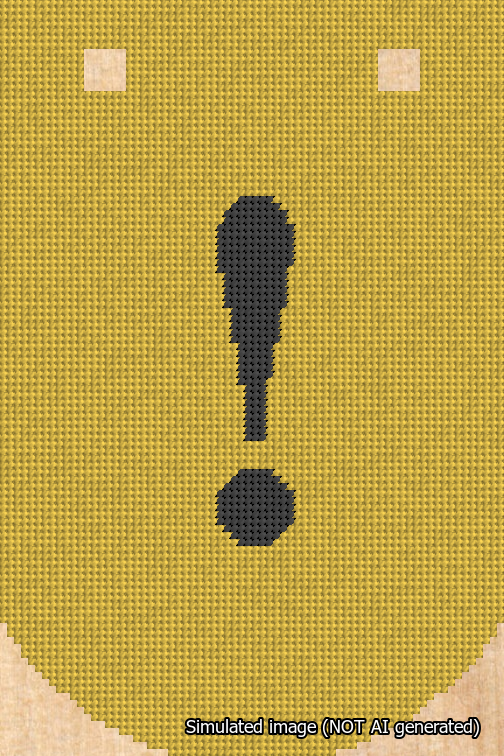 A simulated image of the stitched needlepoint design: Banner 18m Curved Exclamation Black on Yellow. Not A.I. generated.