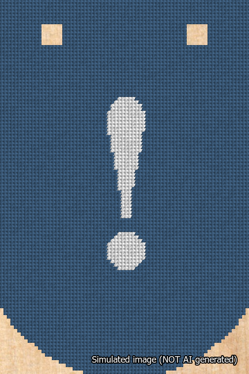 A simulated image of the stitched needlepoint design: Banner 18m Curved Exclamation White on Blue. Not A.I. generated.