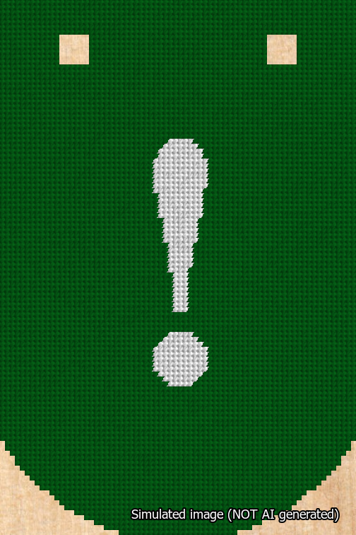 A simulated image of the stitched needlepoint design: Banner 18m Curved Exclamation White on Green. Not A.I. generated.