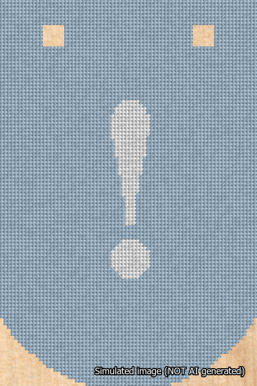 A simulated image of the stitched needlepoint design: Banner 18m Curved Exclamation White on Light Blue. Not A.I. generated.