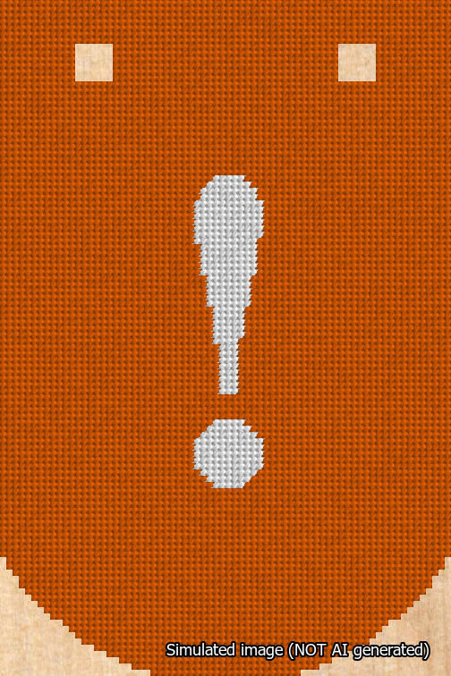 A simulated image of the stitched needlepoint design: Banner 18m Curved Exclamation White on Orange. Not A.I. generated.