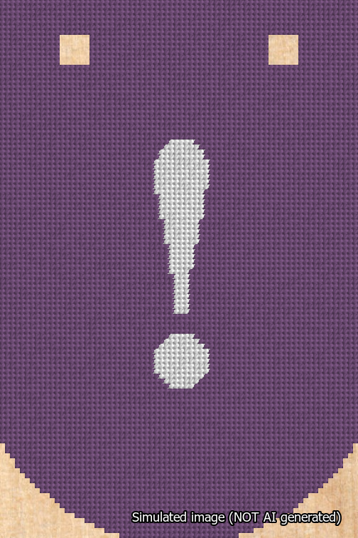 A simulated image of the stitched needlepoint design: Banner 18m Curved Exclamation White on Purple. Not A.I. generated.