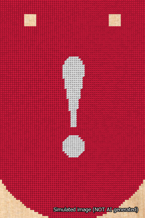 A simulated image of the stitched needlepoint design: Banner 18m Curved Exclamation White on Red. Not A.I. generated.