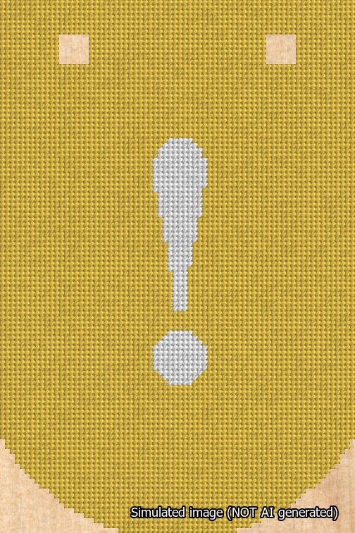 A simulated image of the stitched needlepoint design: Banner 18m Curved Exclamation White on Yellow. Not A.I. generated.