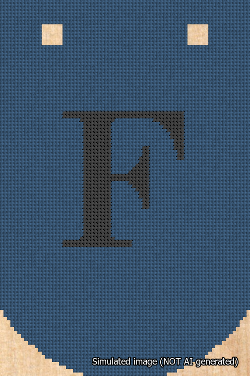 A simulated image of the stitched needlepoint design: Banner 18m Curved F Black on Blue. Not A.I. generated.