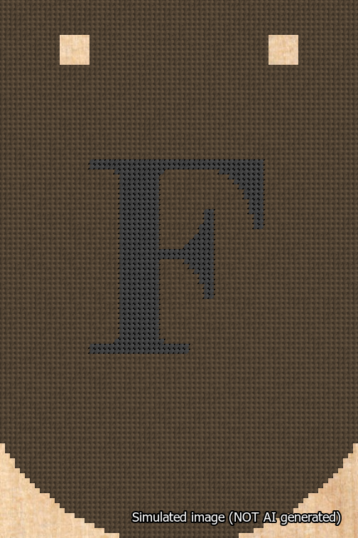 A simulated image of the stitched needlepoint design: Banner 18m Curved F Black on Brown. Not A.I. generated.