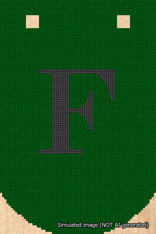 A simulated image of the stitched needlepoint design: Banner 18m Curved F Black on Green. Not A.I. generated.