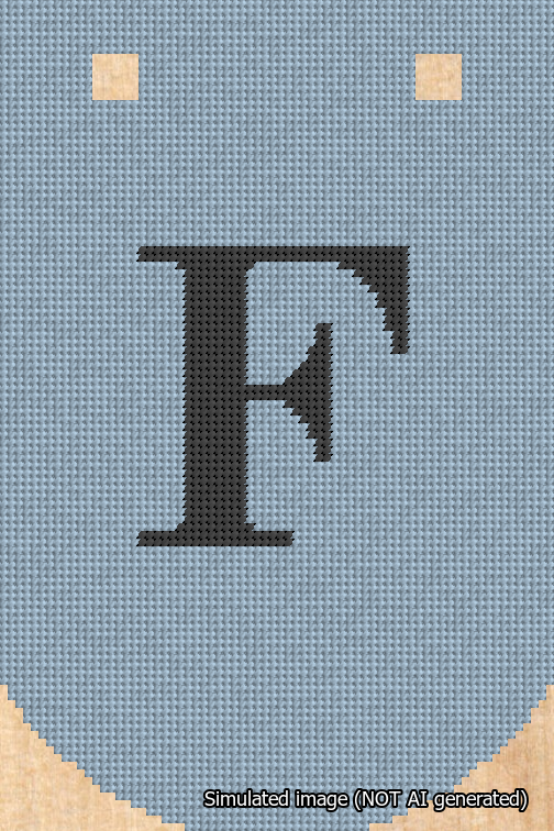 A simulated image of the stitched needlepoint design: Banner 18m Curved F Black on Light Blue. Not A.I. generated.