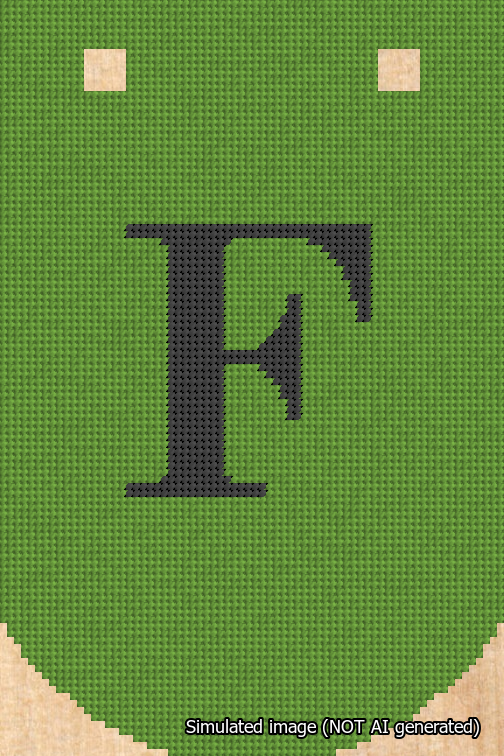 A simulated image of the stitched needlepoint design: Banner 18m Curved F Black on Light Green. Not A.I. generated.