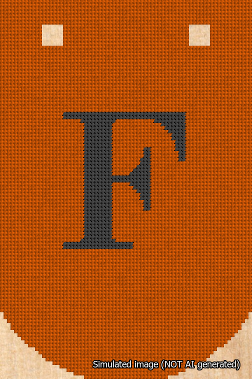 A simulated image of the stitched needlepoint design: Banner 18m Curved F Black on Orange. Not A.I. generated.
